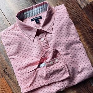 Lands' End women's pink button-up shirt with a polka dot pattern.